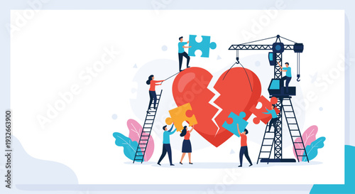 Team of people working together with a crane and puzzle pieces to repair and mend a large broken red heart.