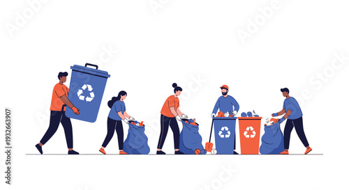 Group of volunteers sorting domestic waste into colorful recycling bins to promote environmental protection and care.