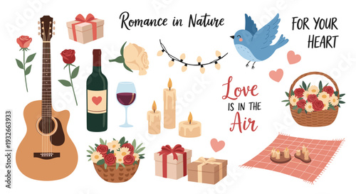 Large collection of romantic elements including flowers wine gifts and candles for valentines day or date concepts.