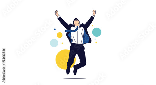 Successful businessman jumping high in the air with arms raised celebrating a major career victory or achievement.