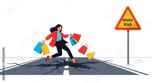 Worried woman carrying shopping bags and jumping over a large road crack near a rough road warning sign.
