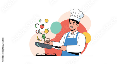 Professional male chef in a tall white hat and blue apron happily cooking fresh vegetables in a pan on a gas stove.