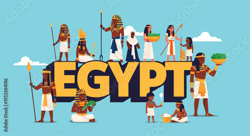 Collection of ancient Egyptian characters and pharaohs standing around large 3d text of Egypt on a blue background.