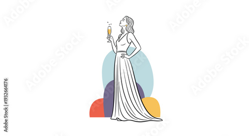 Elegant woman in a long white evening dress holding a glass of champagne at a sophisticated formal event.