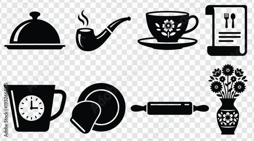 Collection of classic kitchen and dining icons representing food service and household activities