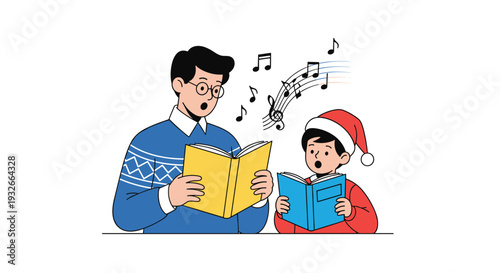 Father and young son in a Santa hat singing Christmas carols or reading together from books with musical notes.