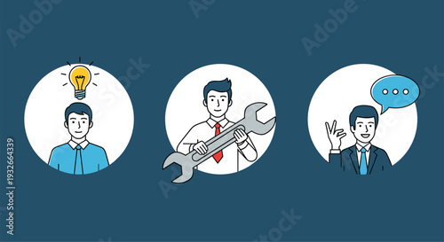 Set of three professional icons representing a creative thinker a technician with a wrench and a business communicator.