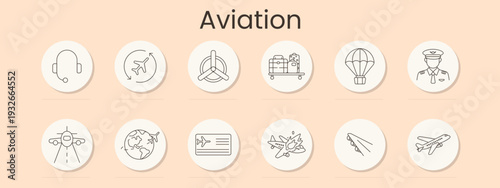 Aviation travel set icon. Minimal line badges, headset operator, airplane route, propeller, luggage cart, parachute, pilot, runway aircraft, globe flight, boarding pass, crash plane, jet