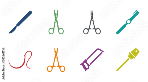 Surgical Instruments Icon Set – Medical Illustrations Featuring Scalpel, Forceps, Scissors, Syringe, Tweezers, Hook, and Clamps for Healthcare Graphics and Clinical Projects