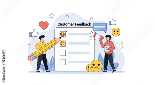 Business team members interacting with a large customer feedback form and survey checklist using a megaphone and pencil to improve service.