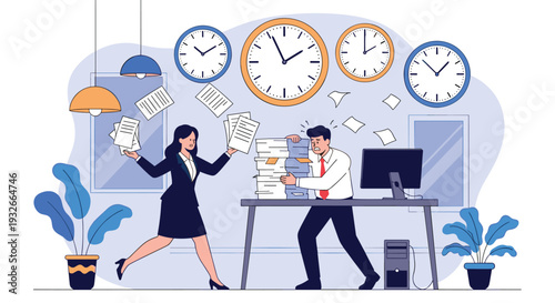 Stressed office employees overwhelmed by a massive workload and tight deadlines surrounded by falling papers and multiple clocks in the room.