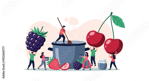 Tiny people working together to cook a giant pot of berry jam using enormous fresh fruits as a creative concept for teamwork and production.