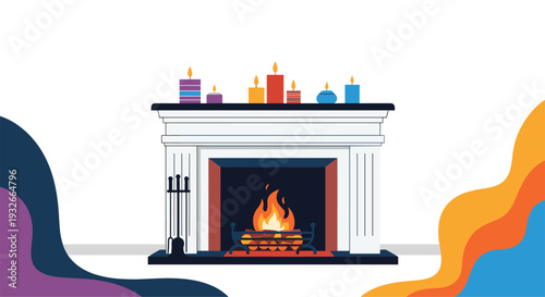 Cozy living room scene featuring a white fireplace with lit candles on the mantle and colorful abstract shapes for a warm interior design.