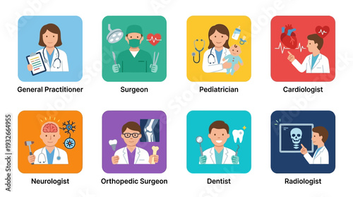 Doctor Specialties Icon Set – Medical Illustrations Featuring General Practitioner, Surgeon, Pediatrician, Cardiologist, Neurologist, Orthopedic Surgeon, Dentist, and Radiologist for Healthcare Graphi