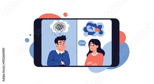 Man and woman communicating through a smartphone screen with thought bubbles and speech icons representing mental health support and counseling.