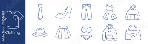 Clothing set icon. Collection with t shirt, tie, high heel, shorts, dress, winter hat, fedora, skirt, lingerie set, hoodie, handbag.