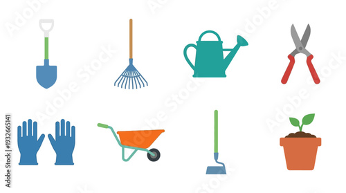Garden Tools Icon Set – Illustrations Featuring Shovel, Rake, Watering Can, Pruners, Gloves, Wheelbarrow, Hoe, and Potted Plant for Gardening Graphics and DIY Projects
