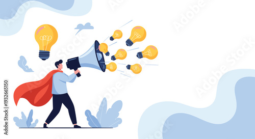 Superhero businessman using a megaphone to launch multiple lightbulb ideas representing creative inspiration and powerful marketing strategies.