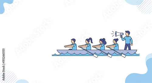 Rowing team working in synchronization on a boat while a coxswain uses a megaphone to lead the group during a competitive water sports event.