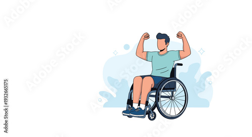 Strong man in a wheelchair showing his muscles to represent power and resilience in disability sports and physical fitness for everyone.