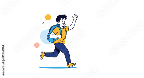 Happy schoolboy with a blue backpack running joyfully with his hand raised as a concept for starting a new year or being active at school.