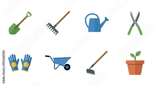 Garden Tools Icon Set – Illustrations Featuring Shovel, Rake, Watering Can, Pruners, Gloves, Wheelbarrow, Hoe, and Potted Plant for Gardening Graphics and DIY Projects