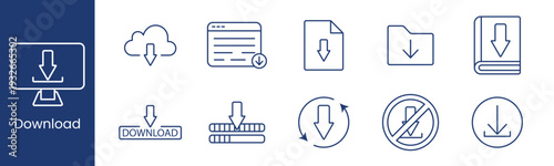 Download file transfer set icon. Monitor cloud browser document folder arrow button server smartphone refresh prohibition depict data saving storage process.