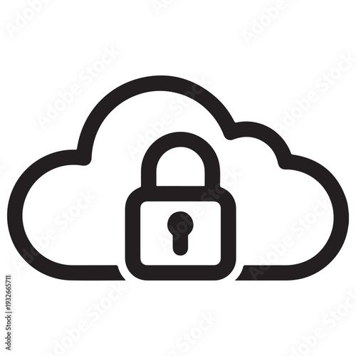 Minimalist Cloud Security Icon Featuring a Padlock Symbolizing Data Protection and Secure Online Storage for Cybersecurity Web Design and Digital Privacy Applications in a Clean Line Art Style.