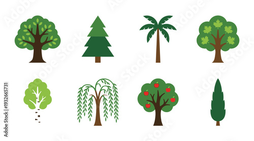 Tree Icon Set – Botanical Illustrations Featuring Oak, Pine, Palm, Willow, Fruit Tree, and Cypress for Nature Graphics, Landscaping Designs, and Educational Projects