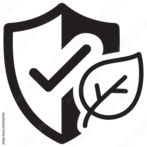 Minimalist eco-friendly protection icon featuring a shield with a checkmark and leaf, representing environmental safety, sustainable verification, and green certification for organic products.