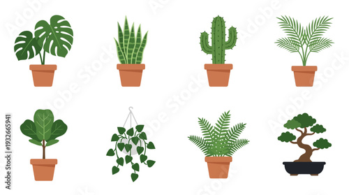 Potted Plant Icon Set – Botanical Illustrations Featuring Cactus, Bonsai, Fern, Monstera, and Hanging Vines for Nature Graphics, Home Decor, and Garden Projects