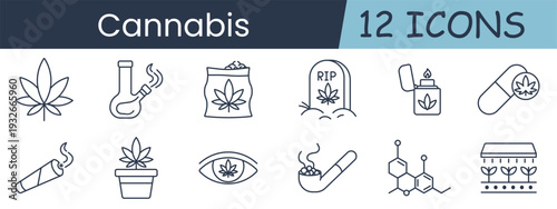 Cannabis set icon. Collection with leaf, bong, package, tombstone with leaf, lighter, capsule, joint, potted plant, eye, pipe, molecule structure, greenhouse seedlings.