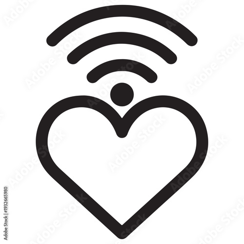 Minimalist Heart Icon with Wireless Signal Waves Representing Digital Love and Online Dating Connectivity in a Clean Black and White Vector Style for Modern Communication Concepts.