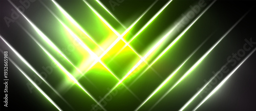 Abstract background features vibrant green, yellow light beams radiating from central point. Dark backdrop enhances luminosity, creating dynamic visual effect.