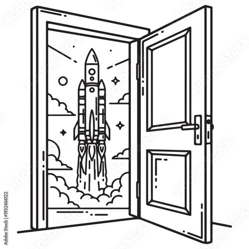 Minimalist line art illustration of a space rocket launching through an open door, symbolizing new opportunities, career growth, and the start of a cosmic journey in a clean vector style.