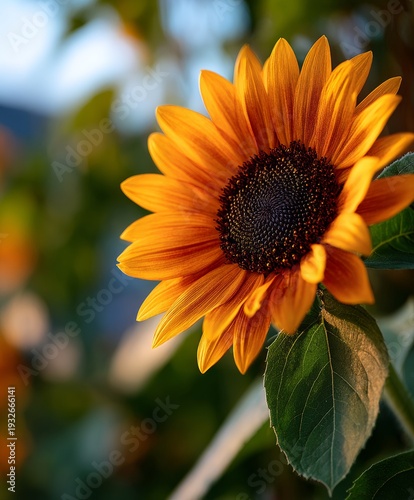 Sunflower shines brightly in the warm evening glow