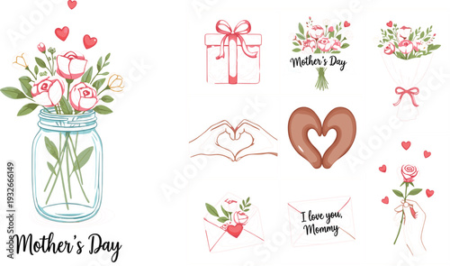 Mothers Day romantic elements set with rose bouquet gift box hearts and love letter vector illustration collection