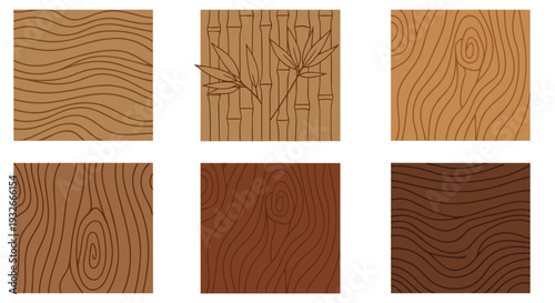 A collection of six square-shaped patterns displaying various wood textures and a bamboo design is neatly arranged in two rows.