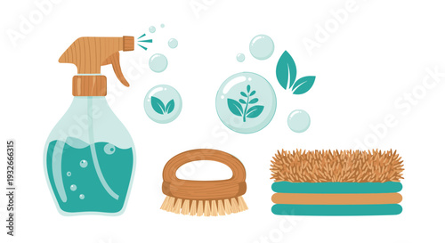 An assortment of eco-friendly cleaning tools, including a spray bottle, scrubbing brush, and natural sponge, are neatly displayed on a bright white surface.