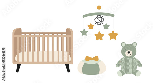 A collection of baby nursery items, featuring a wooden crib, a star-themed mobile, a decorative cushion, and a knitted teddy bear, are arranged on a pristine white backdrop.