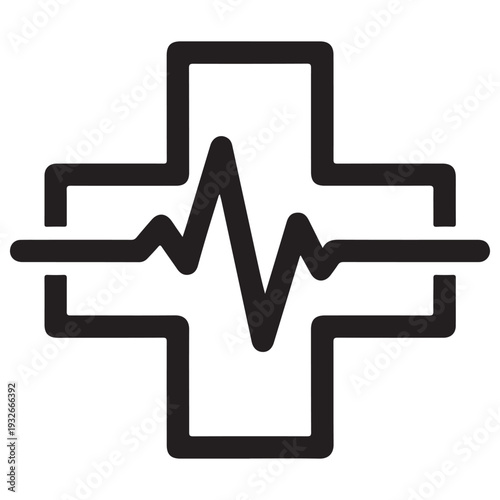 Minimalist Medical Cross Icon with Heartbeat Pulse Line Representing Healthcare Services, Cardiology Monitoring, and Emergency First Aid in a Clean Professional Black and White Vector Style.