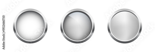 Silver metal medal set. Platinum buttons. Second place awards. Shiny badges for top ranking, winners, competition prize, or achievement certificate. Realistic vector illustration.