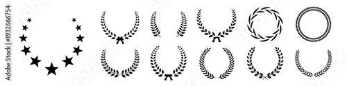 Award laurel wreath set. Winner medal awards with empty place for name of champion. 3D prize for awarding ceremony, championship, best player. Quality certificates. Vector illustration.