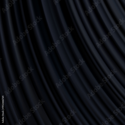 Luxury black silk curtain background. Wavy satin cloth banner. Dark fabric waves form soft folds with smooth shadows and subtle shine. Elegant realistic vector illustration.