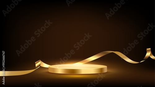 Gold award podium with flowing golden ribbon. Luxury stage platform. Elegant 3d empty round pedestal on dark background for product placement, winners ceremony. Abstract vector illustration.