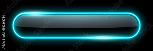 Neon glow light rounded rectangle frame. Led rectangular game button. Blue light outline on black with soft luminous effect. Futuristic UI element. Modern colorful geometric vector illustration.