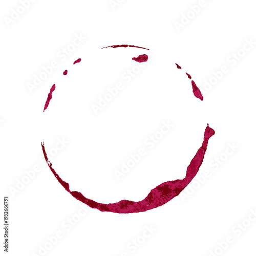 Wine glass stain. Red circular wine ring and splashes on white background. Realistic beverage mark for bar or restaurant design, menu decoration. Texture realistic vector illustration.