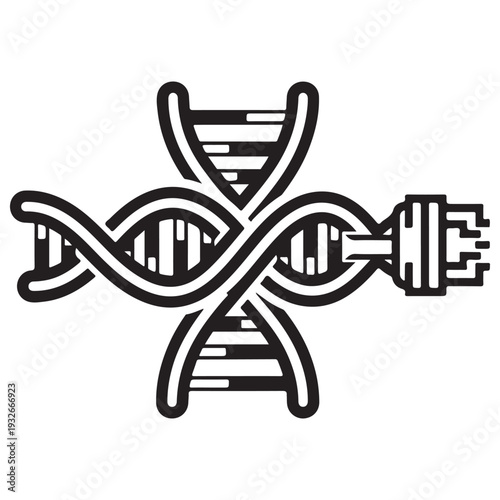 DNA double helix and digital connector icon merging biological structures with electronic hardware representing synthetic biology, genetic data storage, and bio-digital integration.