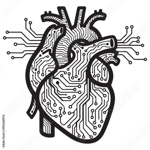 Cybernetic Human Heart Illustration Featuring Intricate Circuit Board Patterns and Electronic Traces Representing the Intersection of Biotechnology and Artificial Intelligence in Modern Medicine.