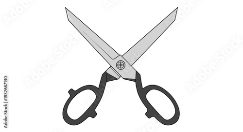 A pair of open silver scissors with dark grey handles and a visible pivot screw is crossed against a plain white background.